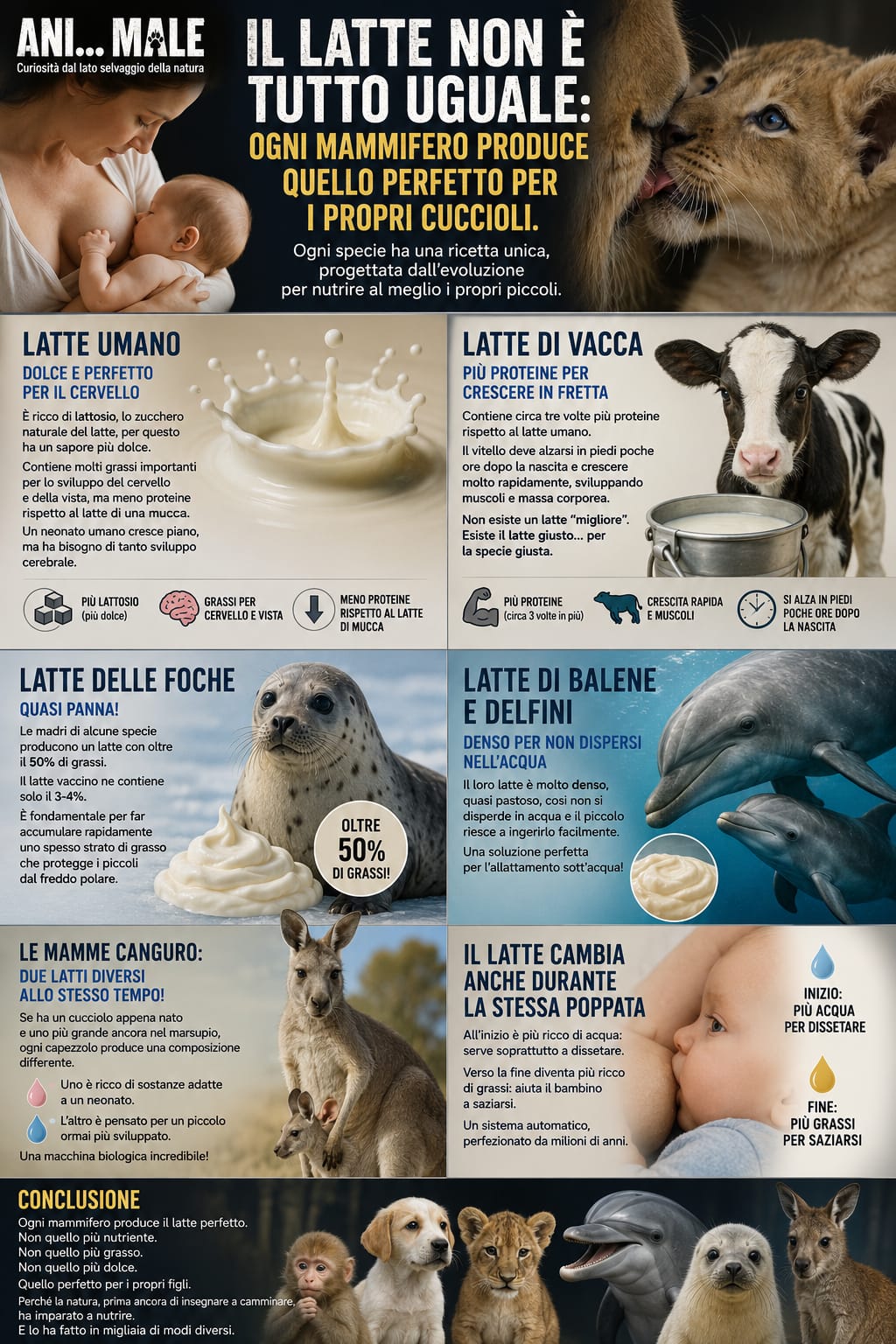 🥛 ANI… MALE — Il latte non è tutto uguale: ogni mammifero produce quello perfetto per i propri cuccioli.
