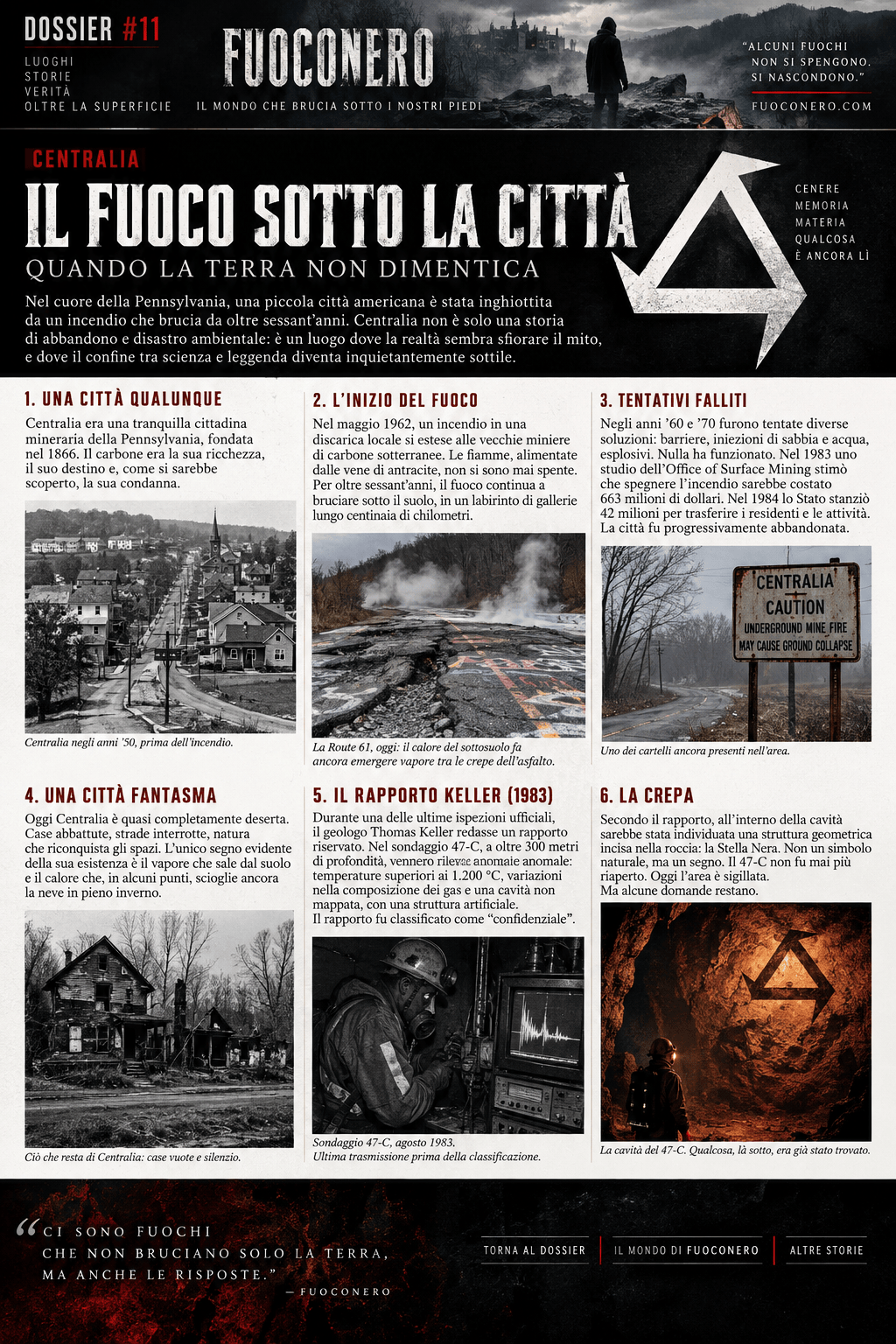 Pagina editoriale del Dossier 11 dedicata a Centralia, all’incendio sotterraneo e al rapporto Keller.