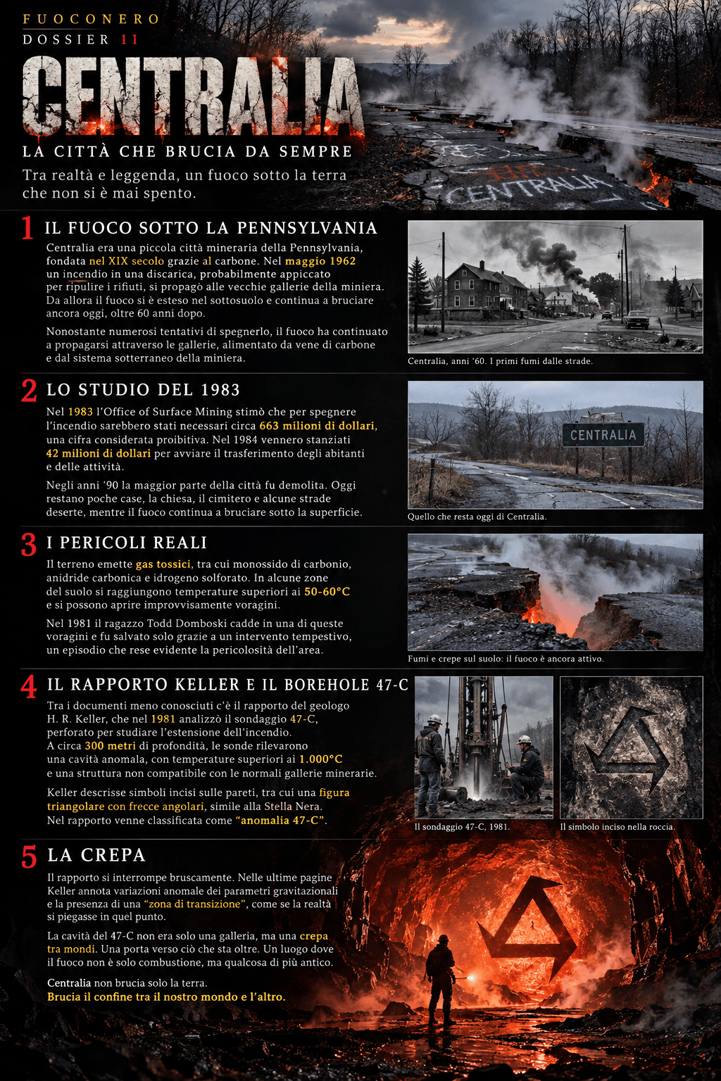 Tavola dossier su Centralia con cronologia dell’incendio, pericoli reali, Borehole 47-C e Stella Nera.
