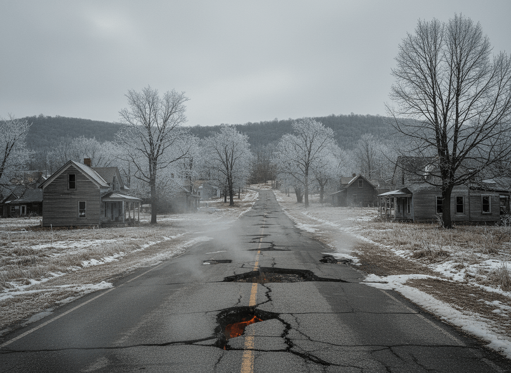 Strada abbandonata e crepata a Centralia, Pennsylvania, con vapore che sale dal sottosuolo.