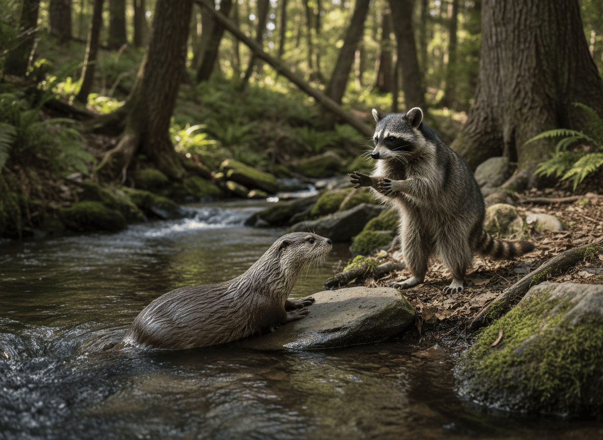 Lontra di fiume e procione sulle rive di un corso d'acqua