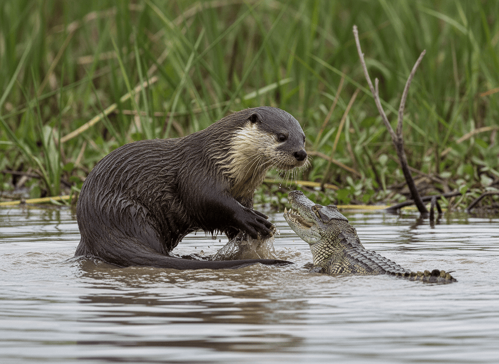 Lontra gigante sudamericana e piccolo caimano nelle acque del Pantanal