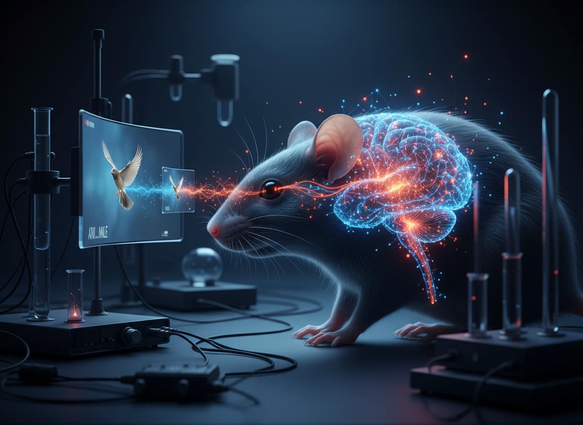 Topo con corteccia visiva illuminata mentre un sistema ricostruisce un filmato dai segnali dei neuroni.