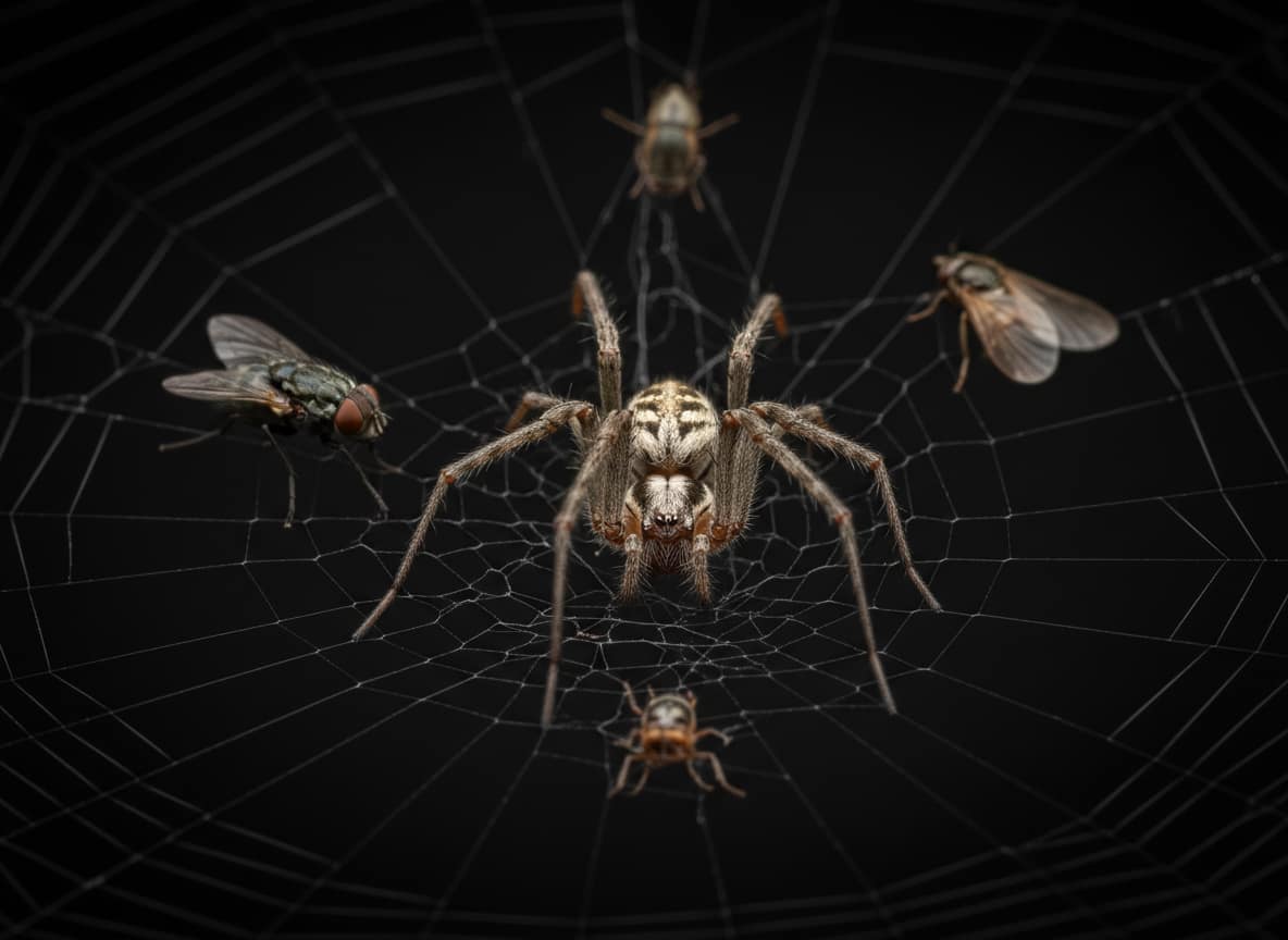 Un ragno Pholcus phalangioides sulla ragnatela davanti a più prede