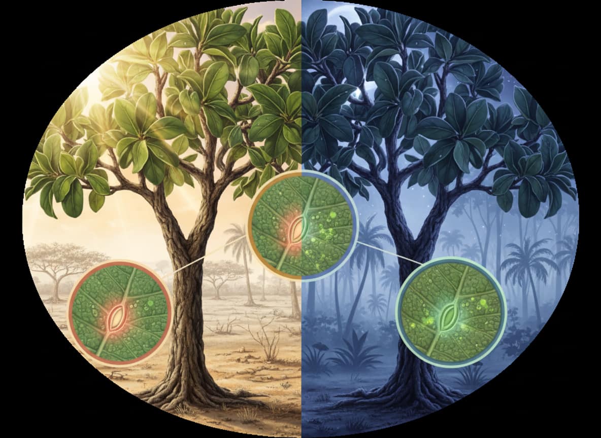 Foglie di Clusia che aprono gli stomi di notte per assorbire CO2 e ridurre la perdita d'acqua