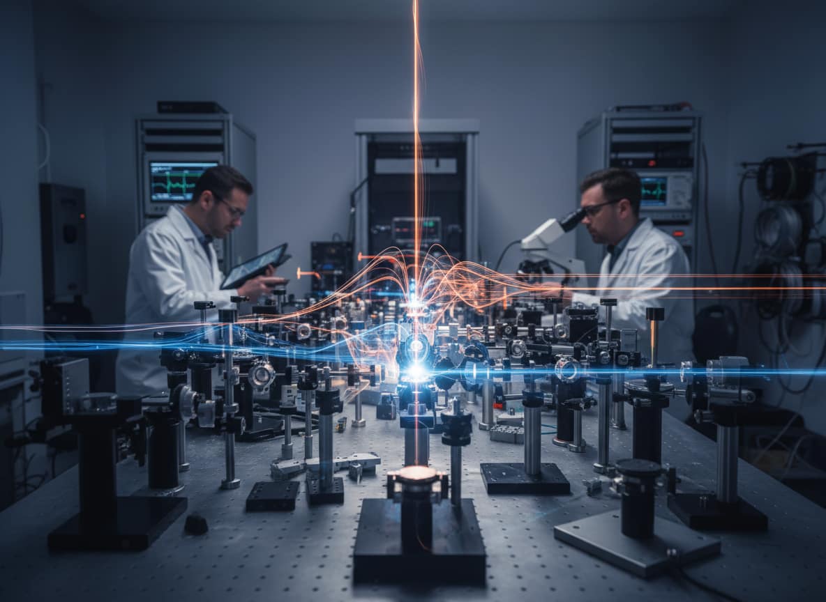 Laboratorio di fotonica con impulso laser strutturato che attraversa un sistema ottico.