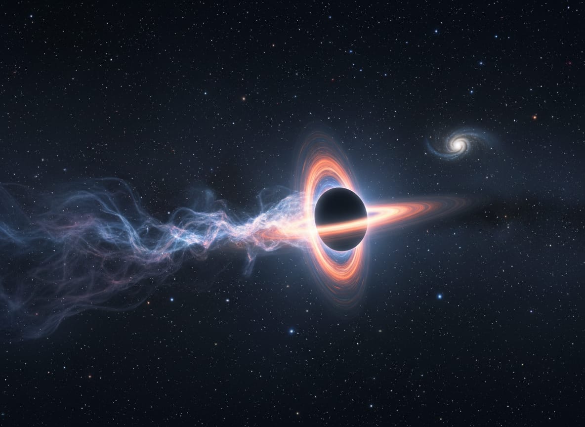 Visualizzazione di un buco nero errante che attraversa una nube di gas lasciando una scia di materiale dietro di sé.