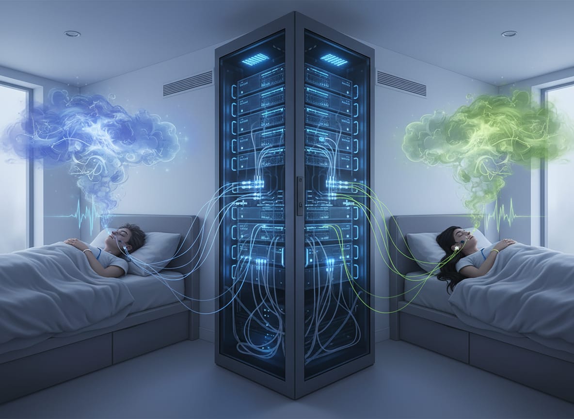 Due persone addormentate in stanze separate collegate da sensori, computer e segnali audio durante un esperimento sui sogni lucidi