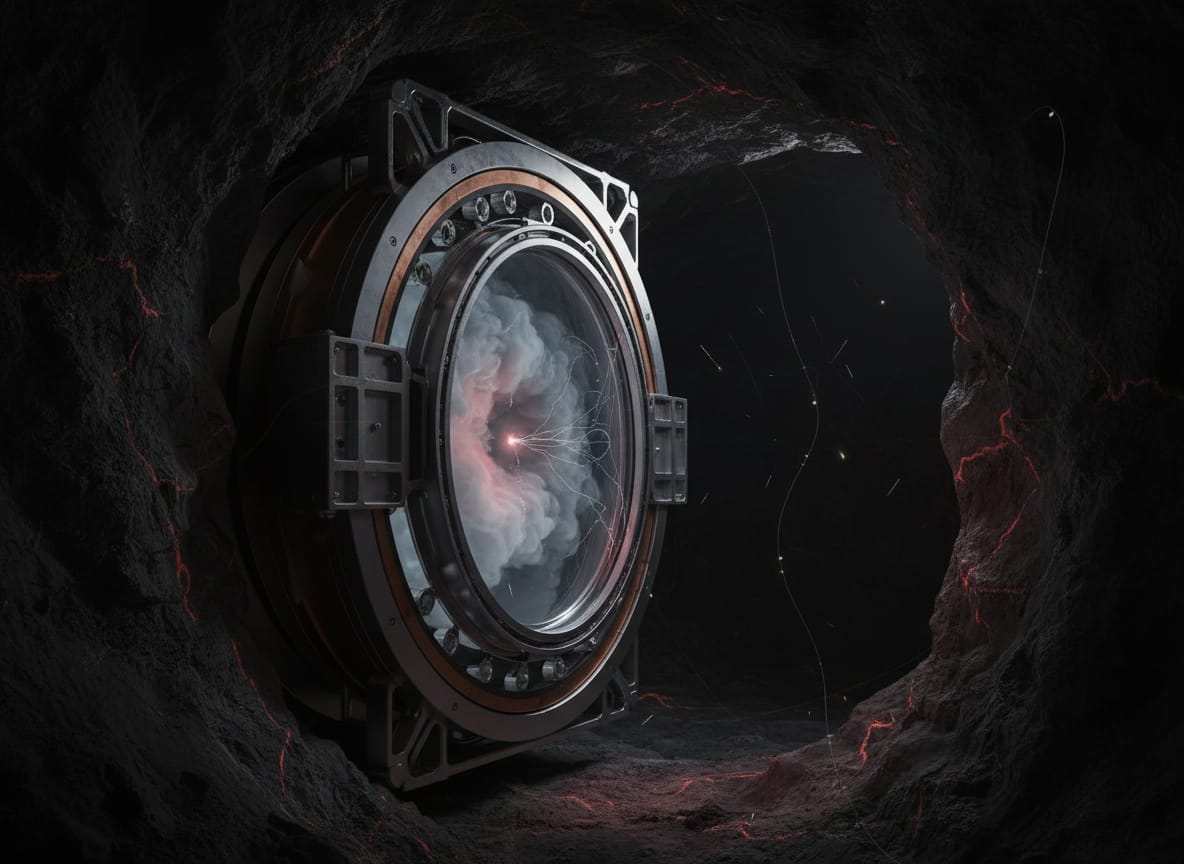 Un rivelatore di particelle nel buio con un singolo punto luminoso al centro