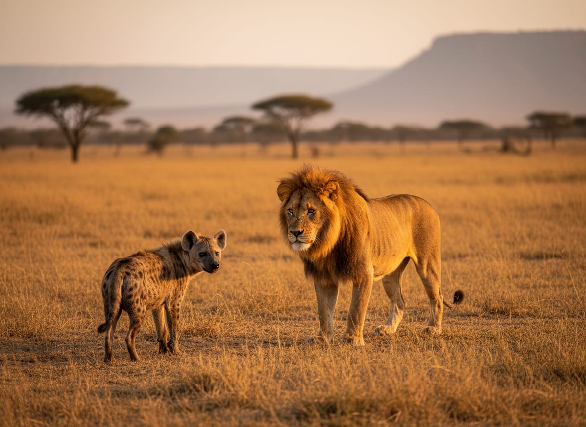 Una iena maculata si allontana nella savana mentre un leone maschio la segue a distanza.