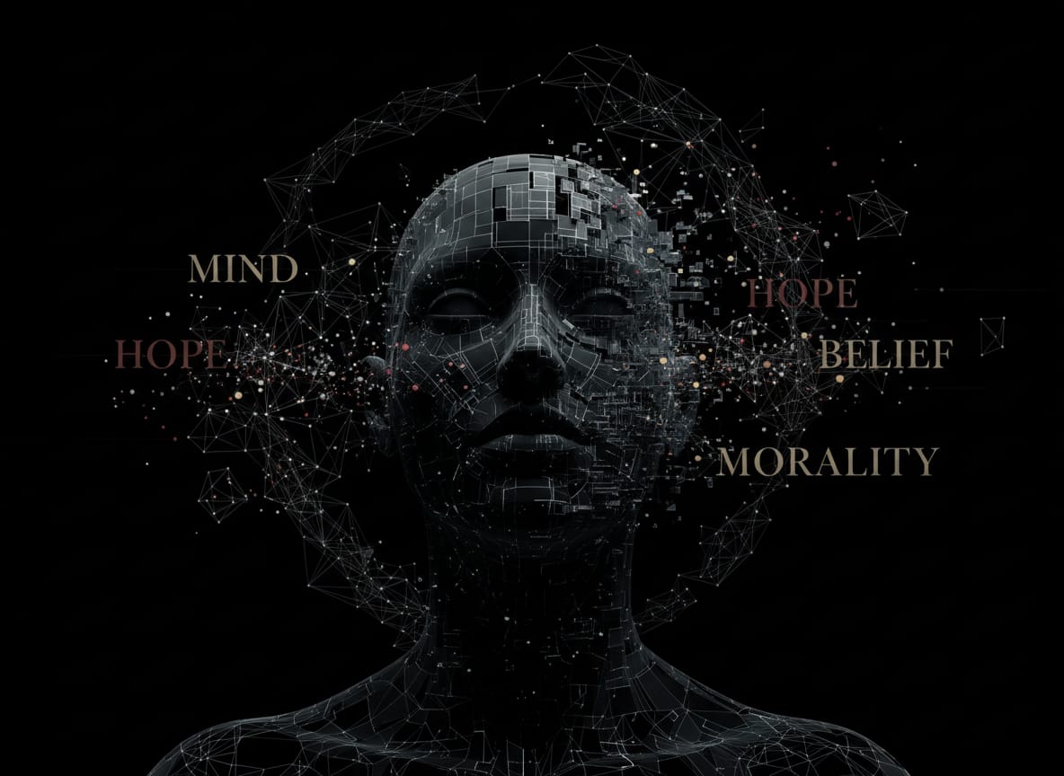 Un volto astratto di intelligenza artificiale emerge dal buio tra frammenti simbolici