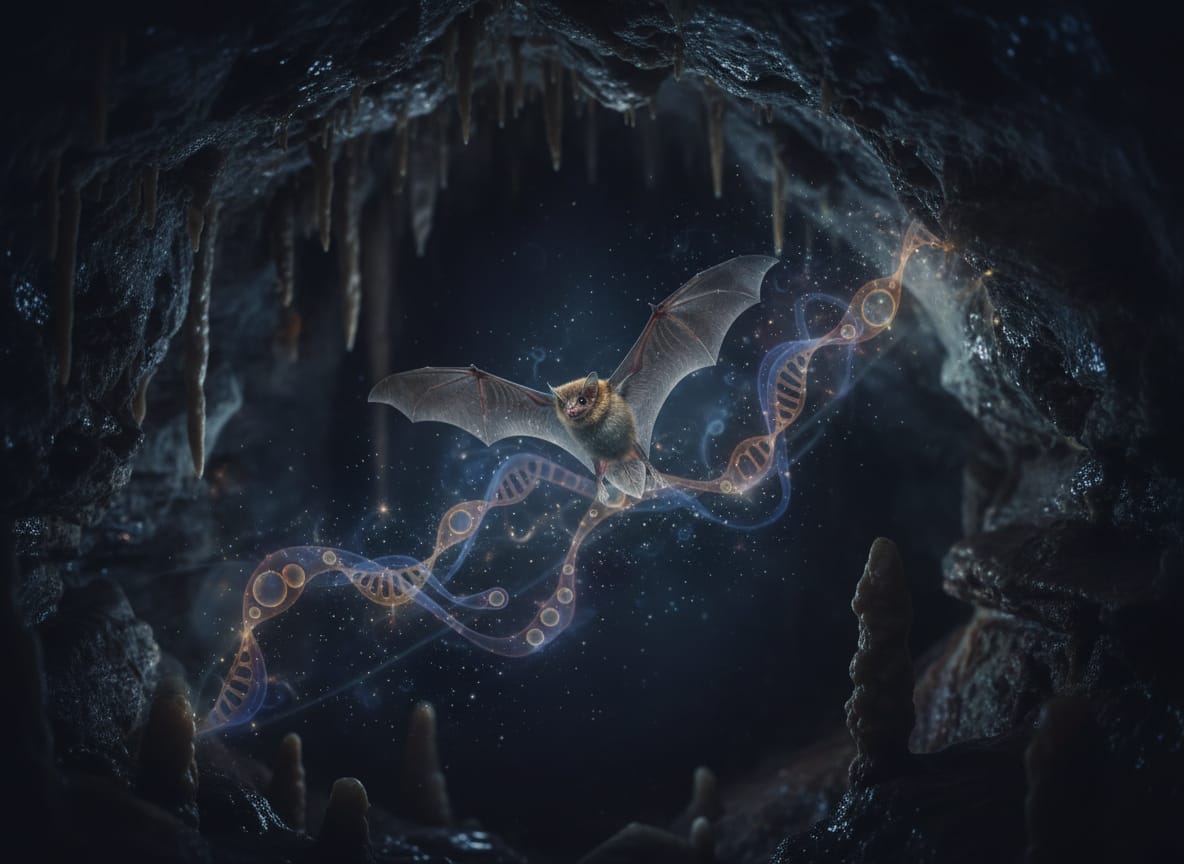 Un piccolo pipistrello del genere Myotis in volo in una grotta scura.