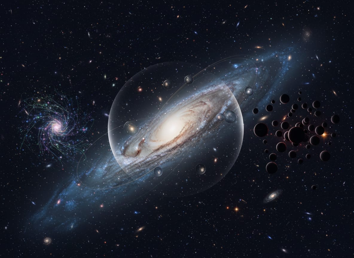Galassia circondata da un alone di materia oscura con rappresentazioni di particelle e buchi neri primordiali.