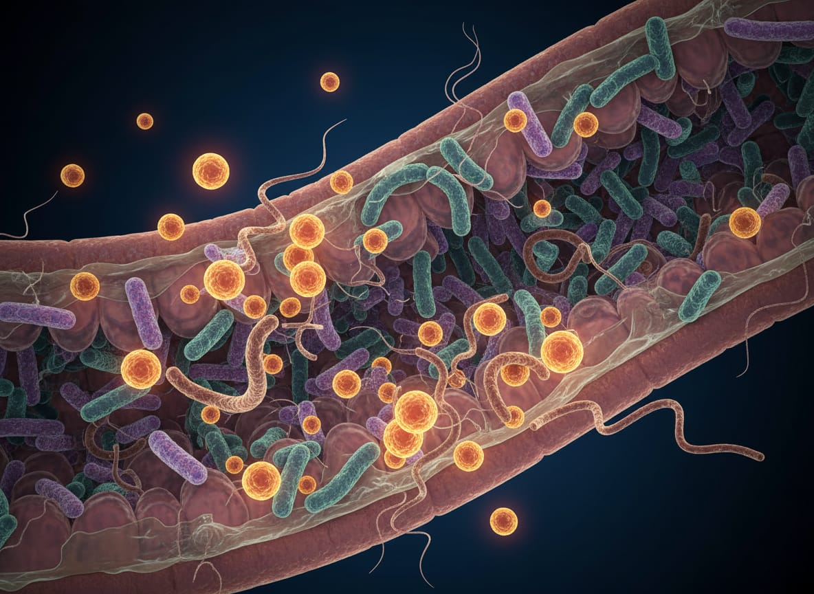 Illustrazione del microbiota intestinale che produce indolo e limita Campylobacter jejuni