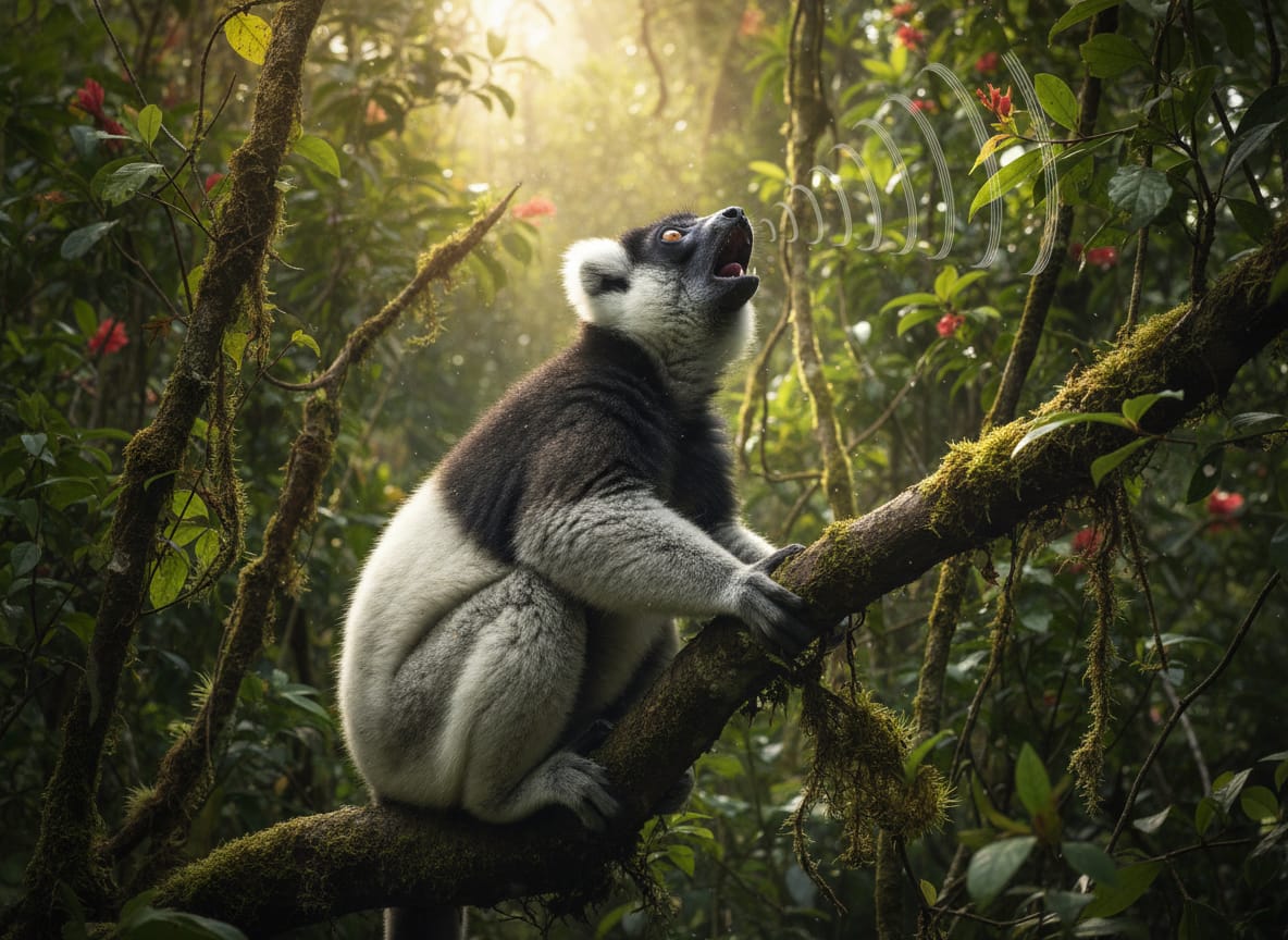 Indri del Madagascar mentre canta nella foresta pluviale