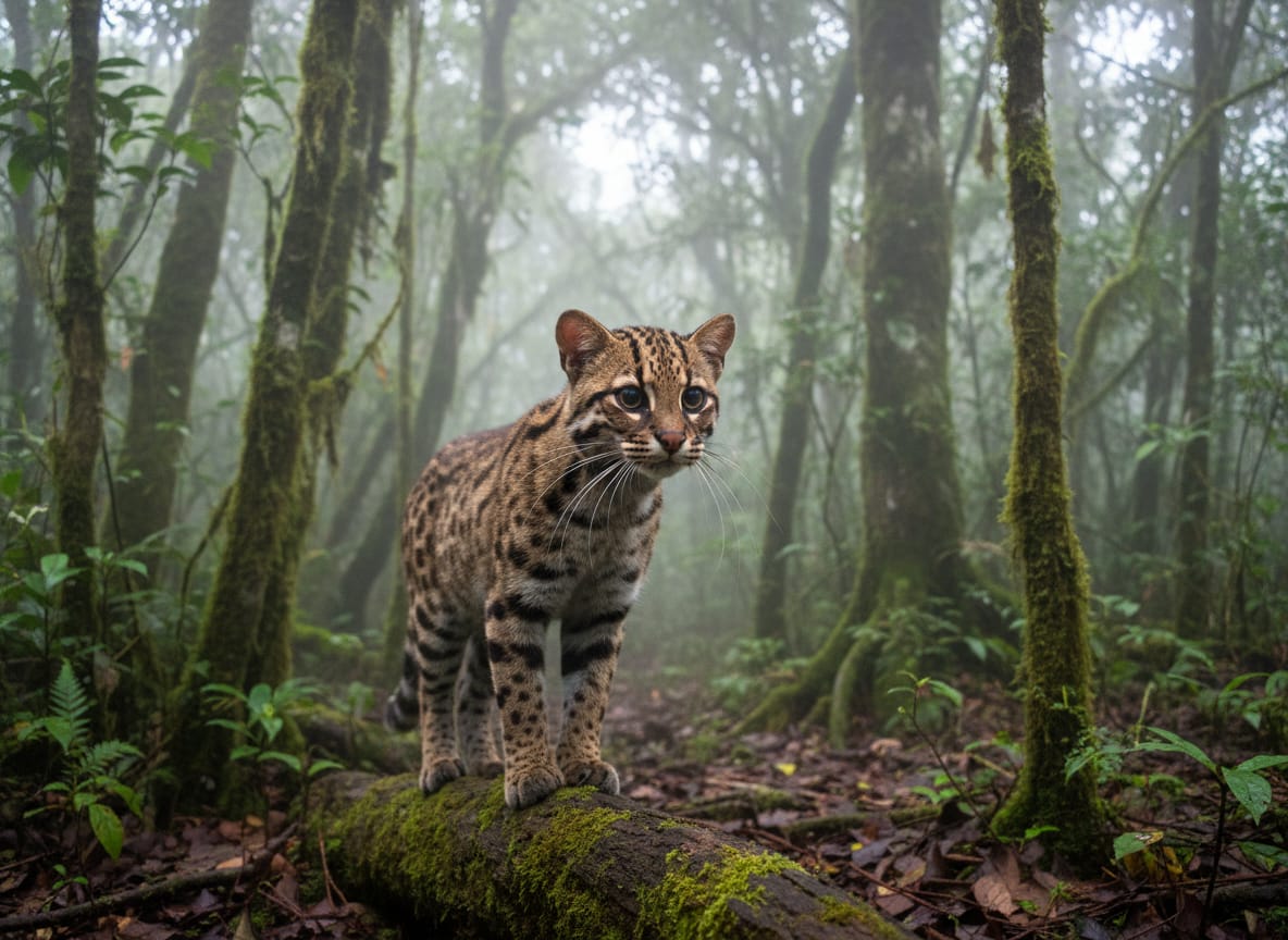 Illustrazione naturalistica di Leopardus tilcayo nella foresta nebulosa delle Yungas boliviane
