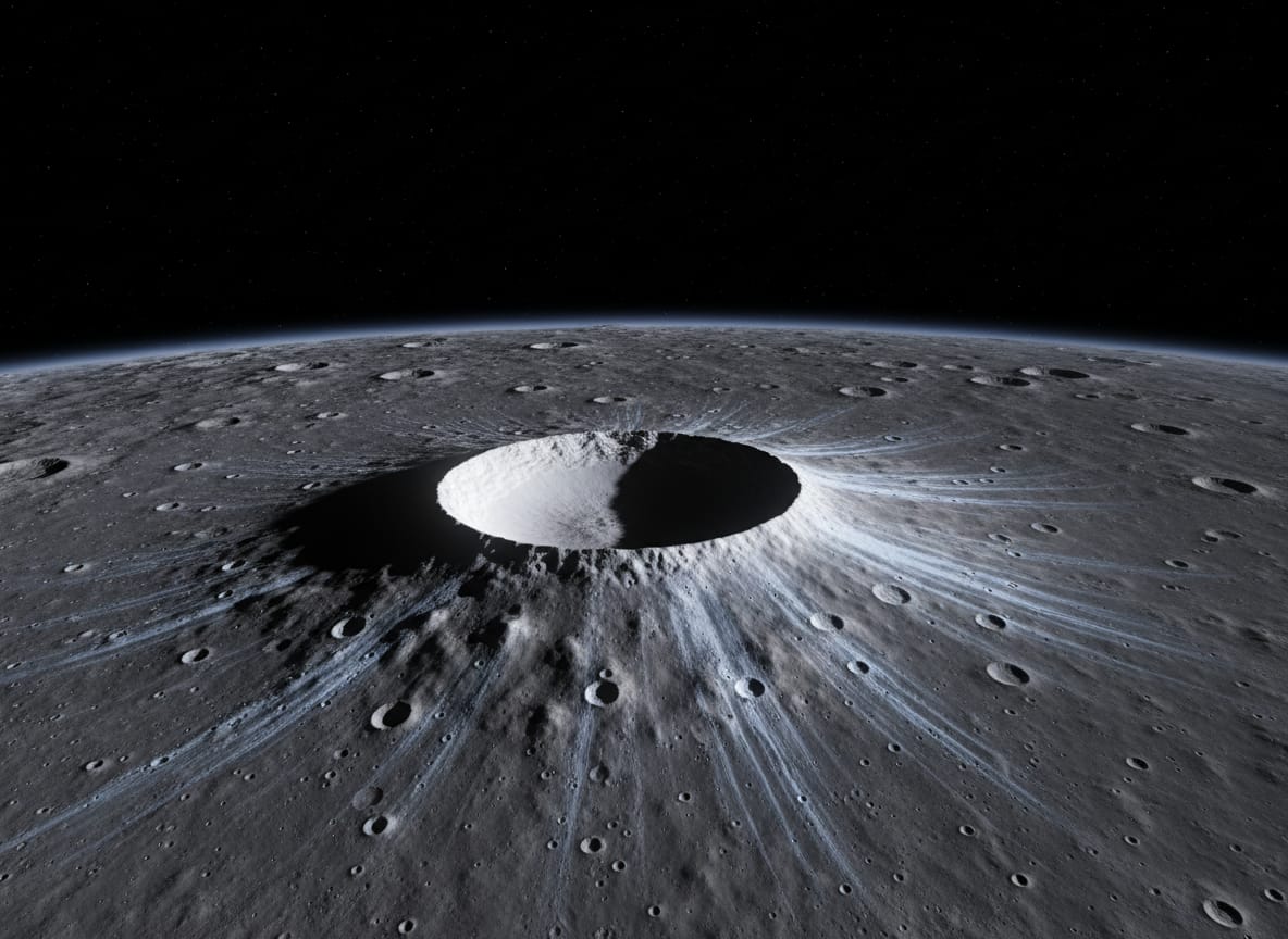Grande cratere da impatto appena formato sulla superficie lunare con raggi di materiale espulso.
