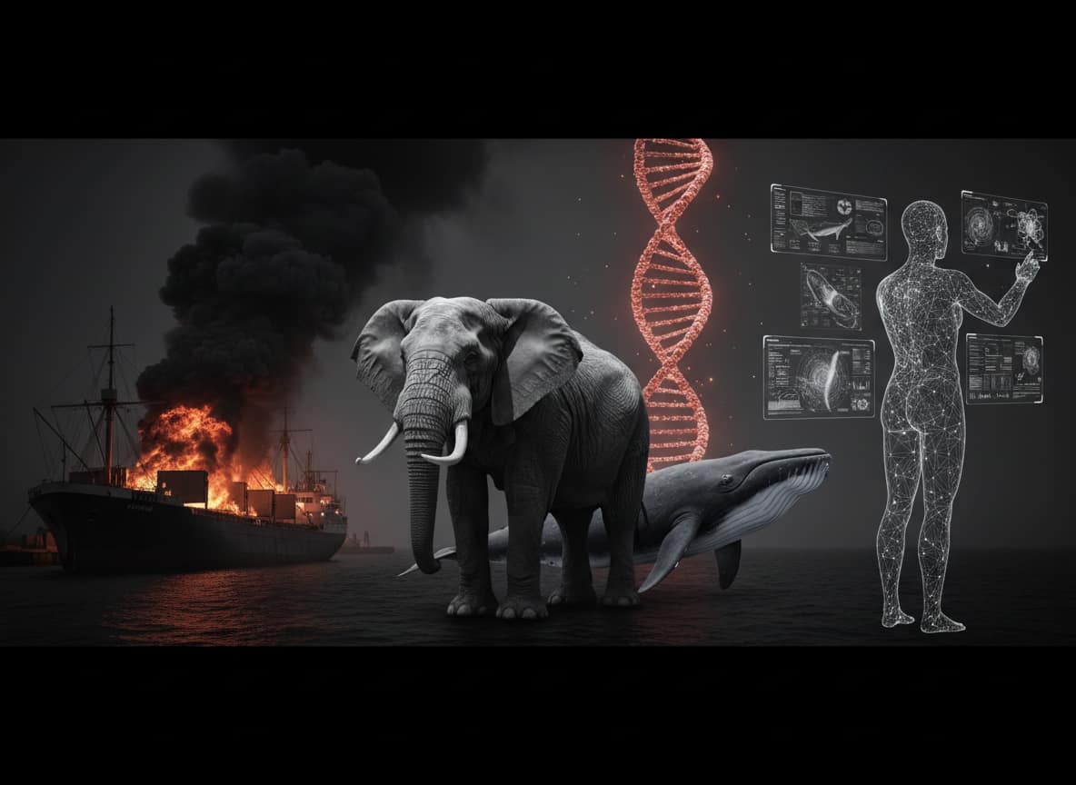 Porto di Bari in guerra, elefante, balena, DNA e figura umana digitale per un articolo su chemioterapia, cancro, IA e calcolo quantistico.