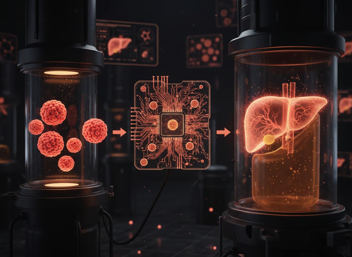 Cellule, organoidi e liver-on-chip che conducono alla formazione di un fegato artificiale in laboratorio.