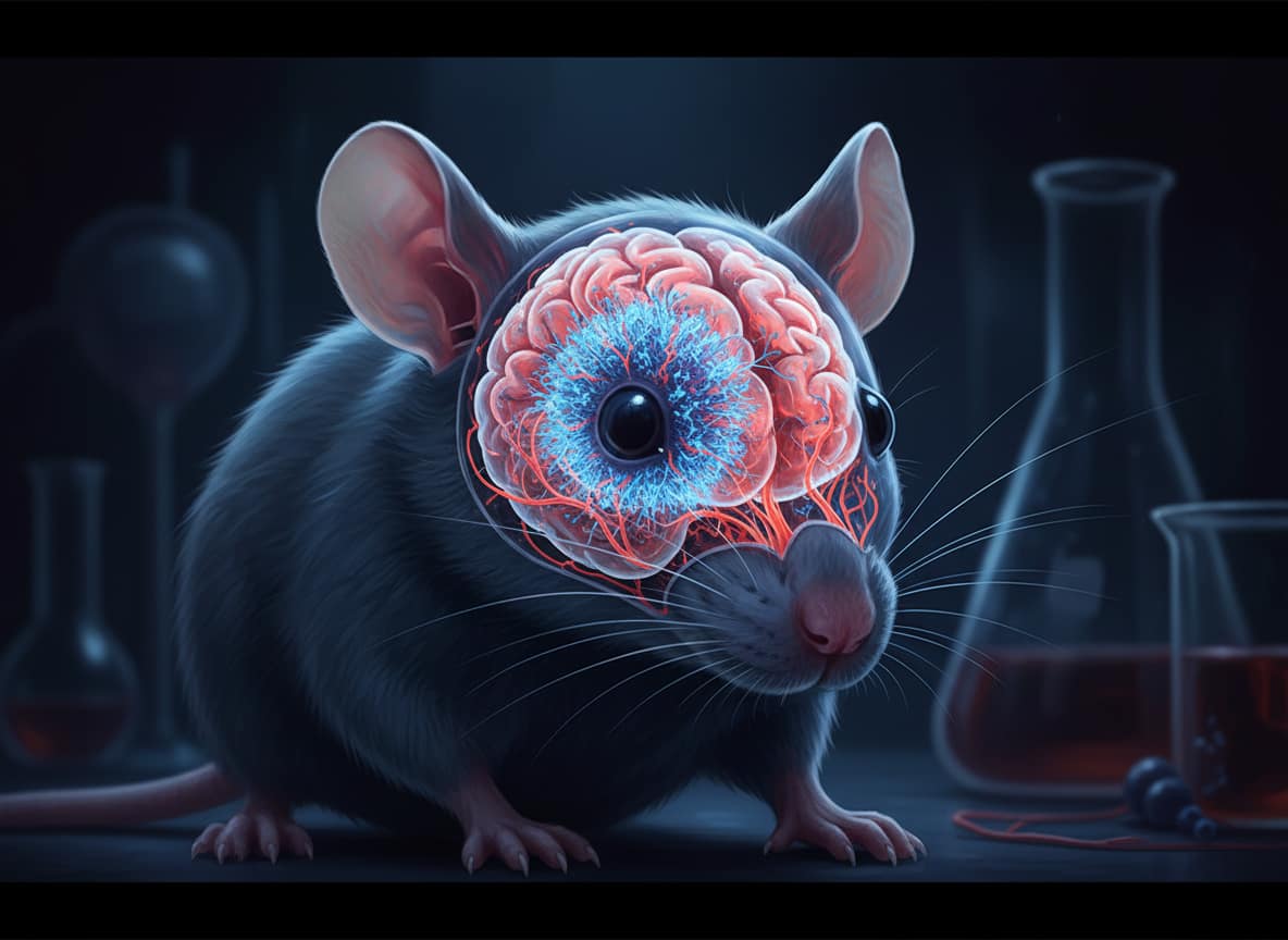 Topo da laboratorio con una sezione del cervello che mostra un organoide corticale umano integrato e vascolarizzato.