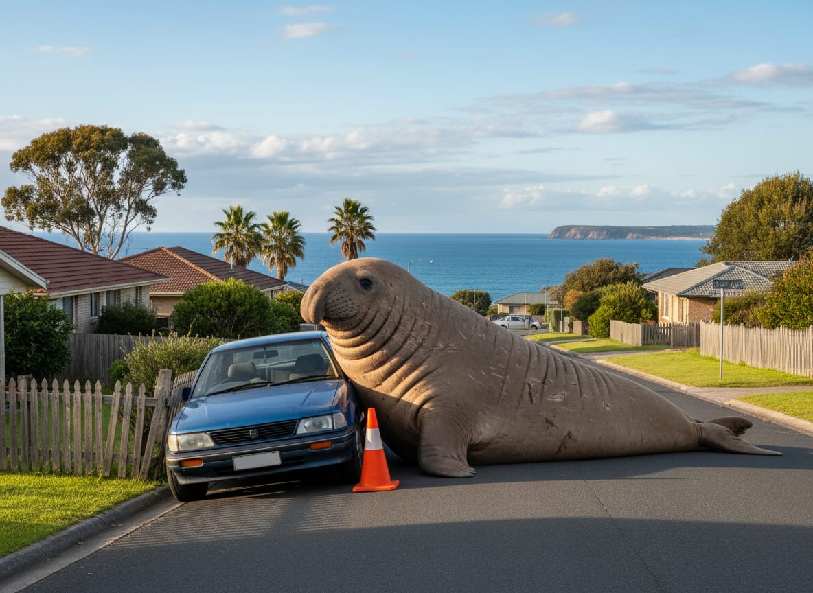 Giovane elefante marino australe disteso su una strada costiera della Tasmania vicino a un cono stradale