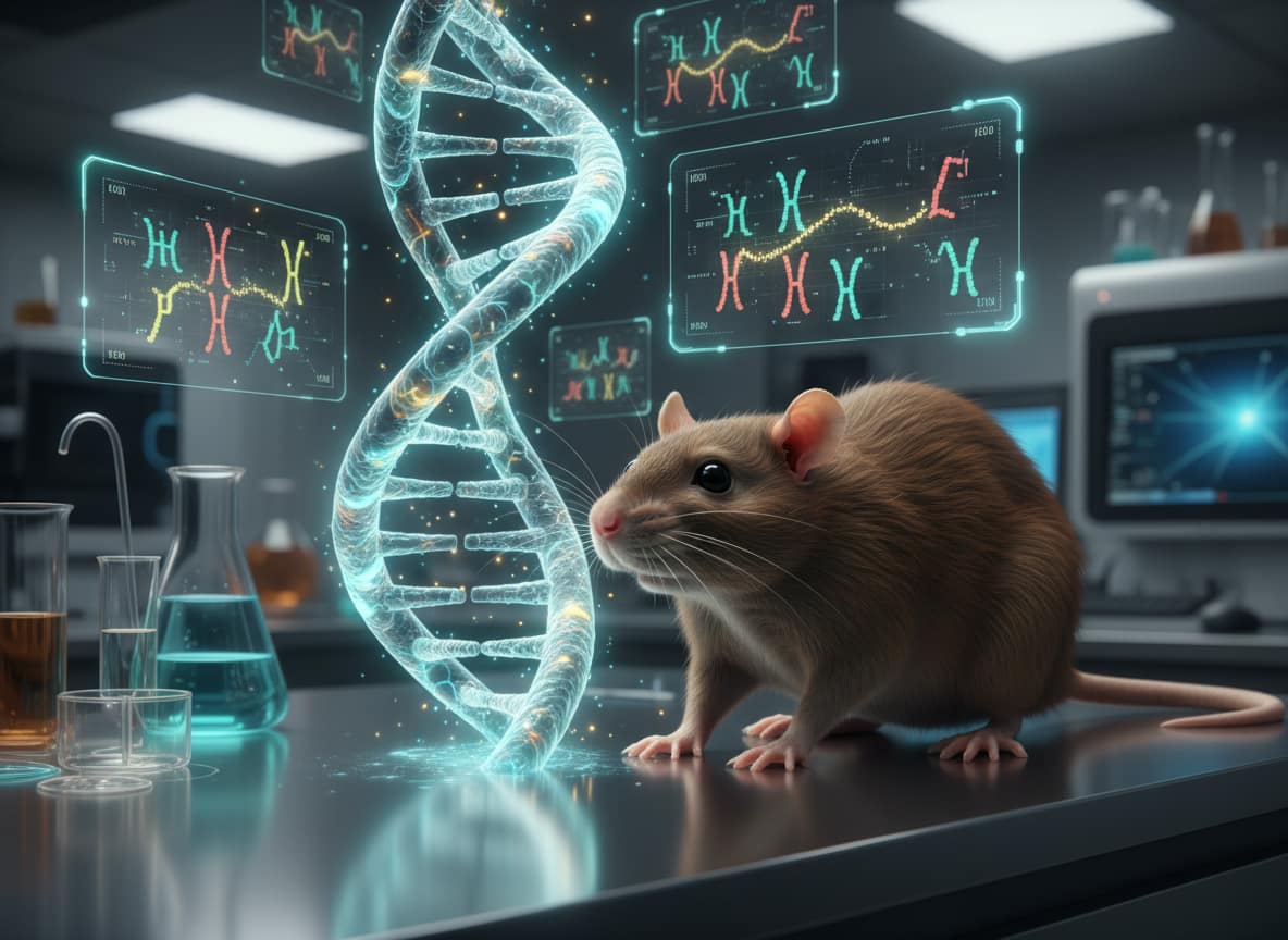 Ratto bruno accanto a DNA e cromosomi, simbolo della nuova mappa completa del suo genoma