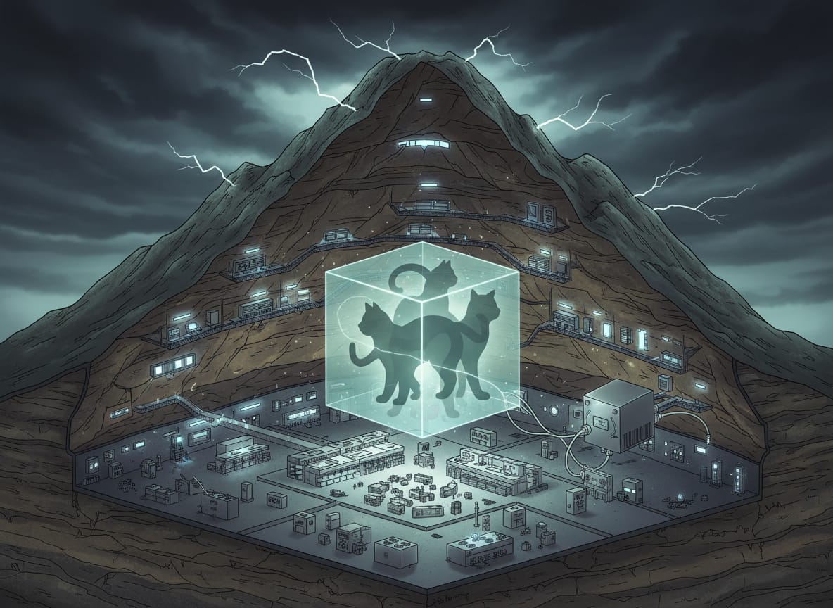 Illustrazione concettuale del gatto di Schrödinger e del laboratorio sotterraneo del Gran Sasso