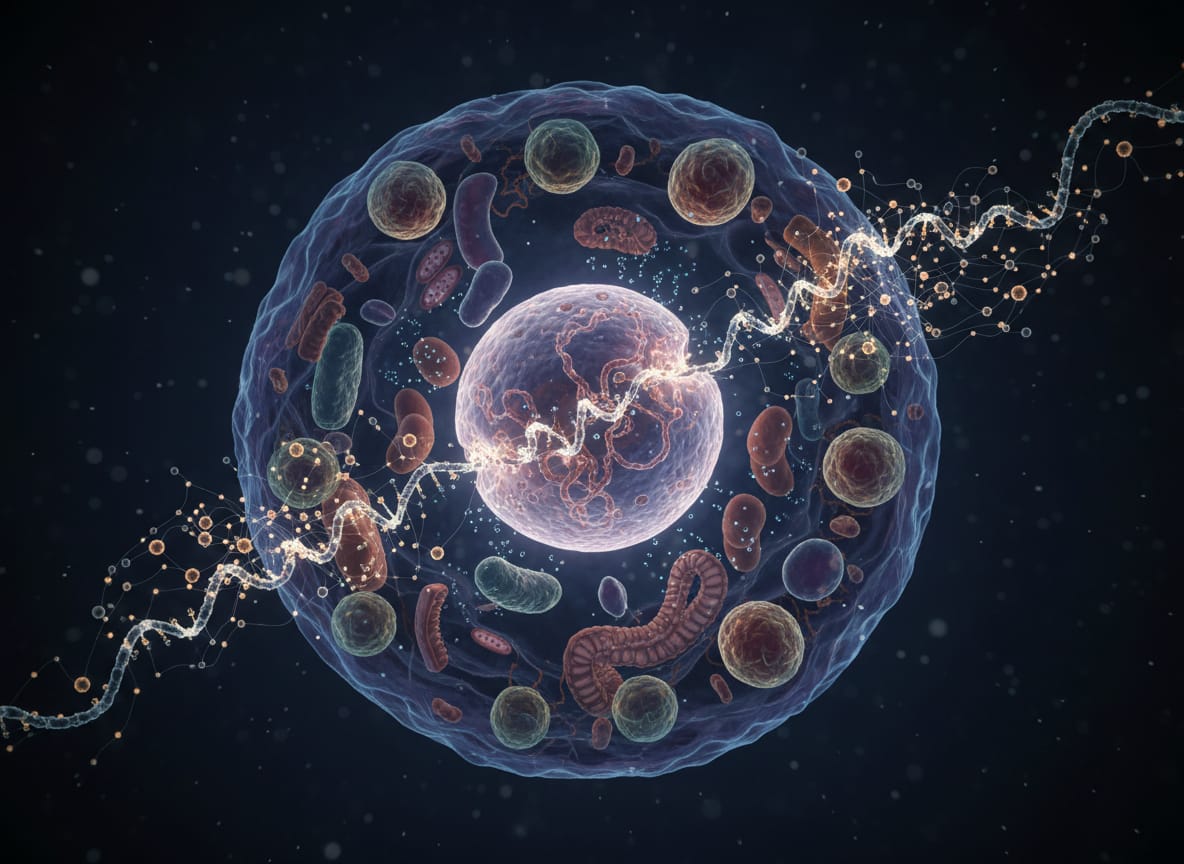 Cellula umana con frammenti di DNA danneggiato nel citoplasma e attivazione della risposta immunitaria.