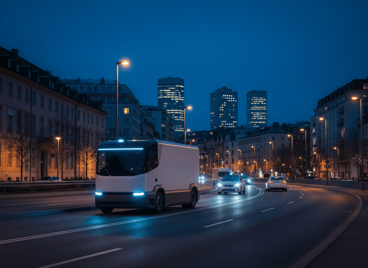 Camion elettrico autonomo senza cabina su una strada pubblica al crepuscolo, con robotaxi sullo sfondo.