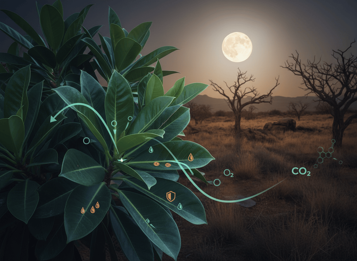 Foglie di Clusia illuminate dalla luna con rappresentazione dell'assorbimento notturno di anidride carbonica.