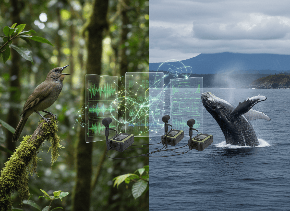 Sistema di intelligenza artificiale che analizza vocalizzazioni di uccelli e balene tramite spettrogrammi.