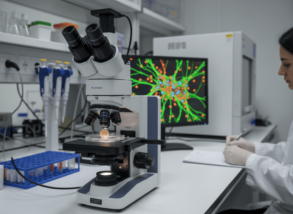 Organoide cerebrale umano osservato in laboratorio con neuroni e astrociti evidenziati.