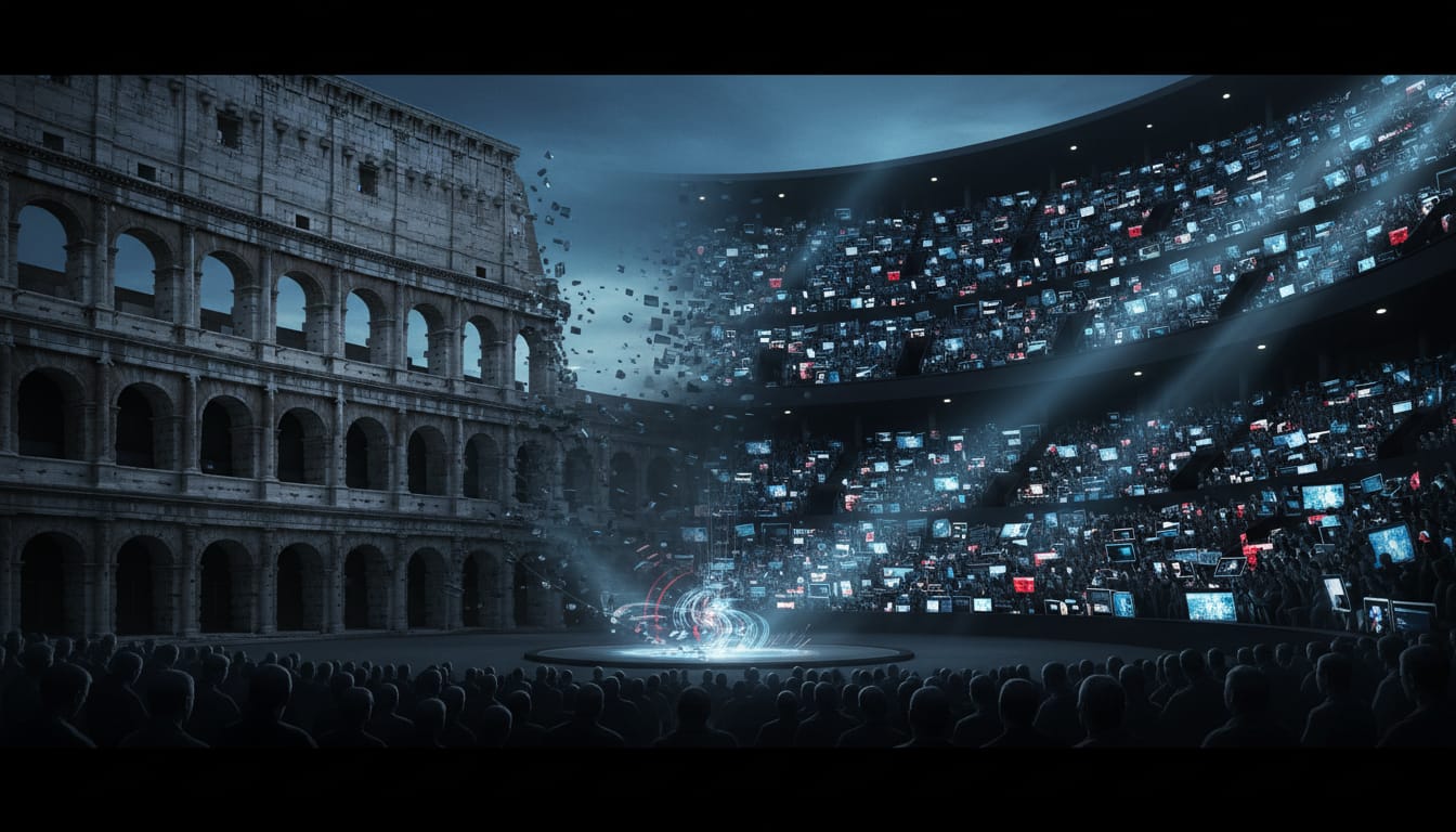 L'antico Colosseo romano si fonde con un moderno anfiteatro di schermi, metafora delle esecuzioni trasformate in streaming
