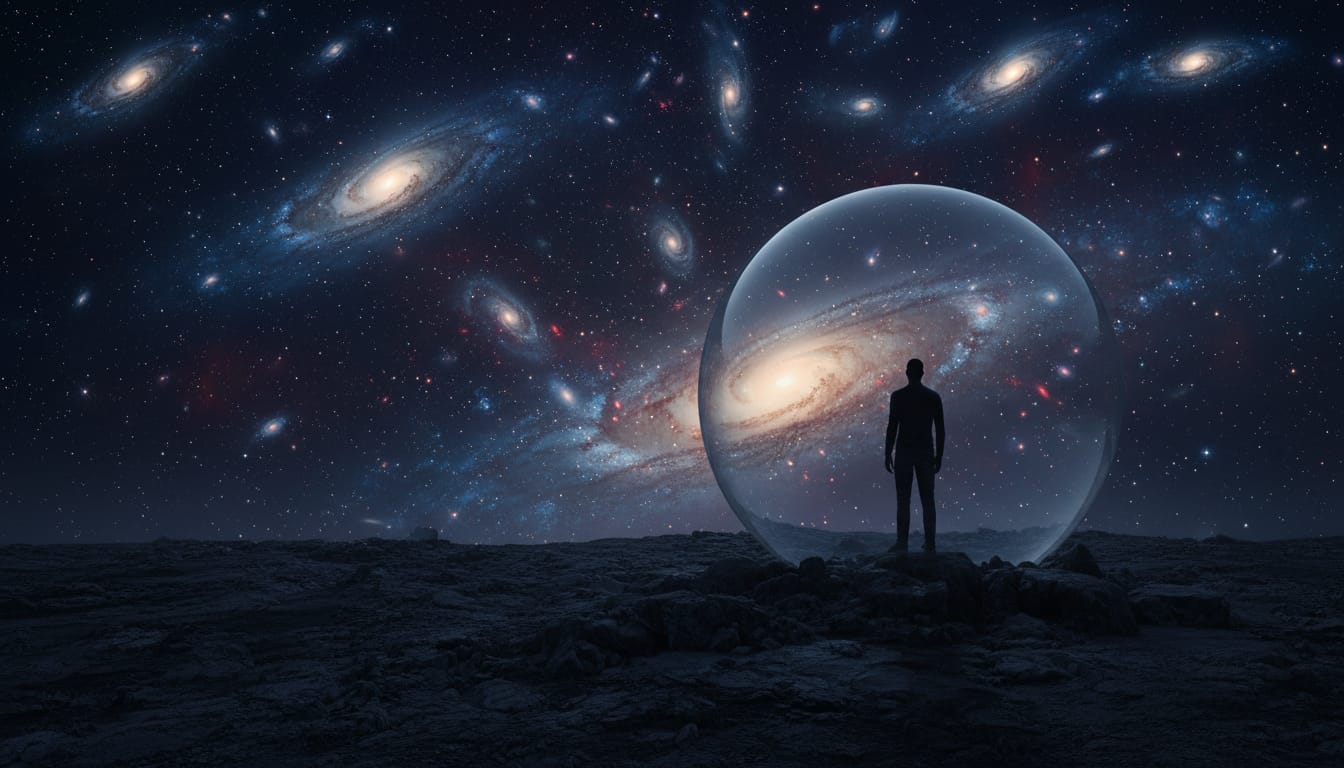 Un essere umano dentro una grande bolla trasparente contempla un universo pieno di galassie.