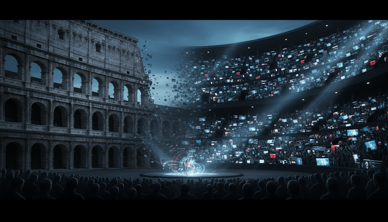 L'antico Colosseo romano si fonde con un moderno anfiteatro di schermi, metafora delle esecuzioni trasformate in streaming