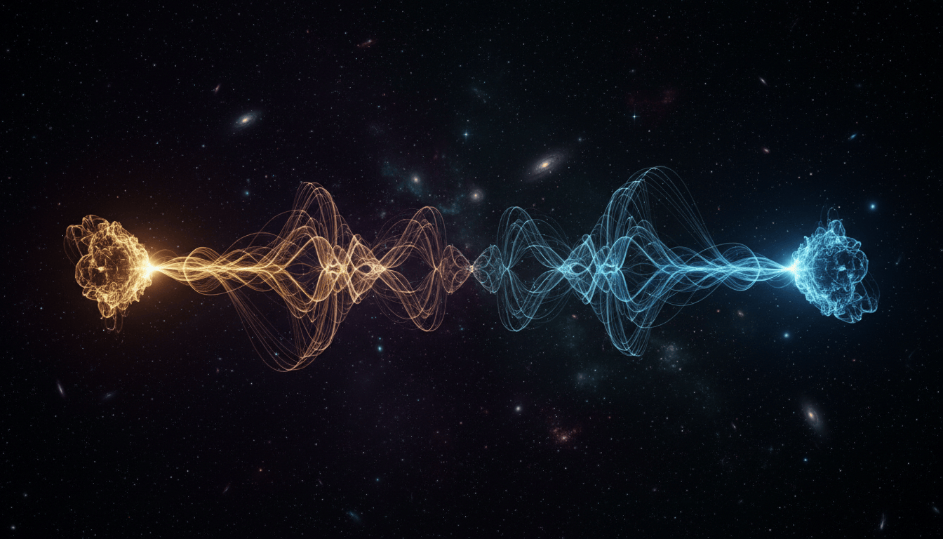 Due particelle luminose distanti, con trame d'onda correlate che rappresentano l'entanglement quantistico.
