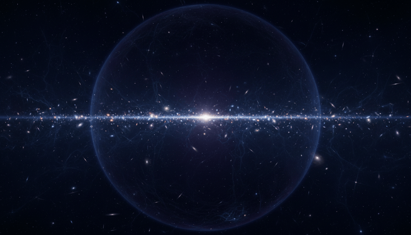 Piccola regione luminosa all'interno di una vasta sfera cosmica oscura.