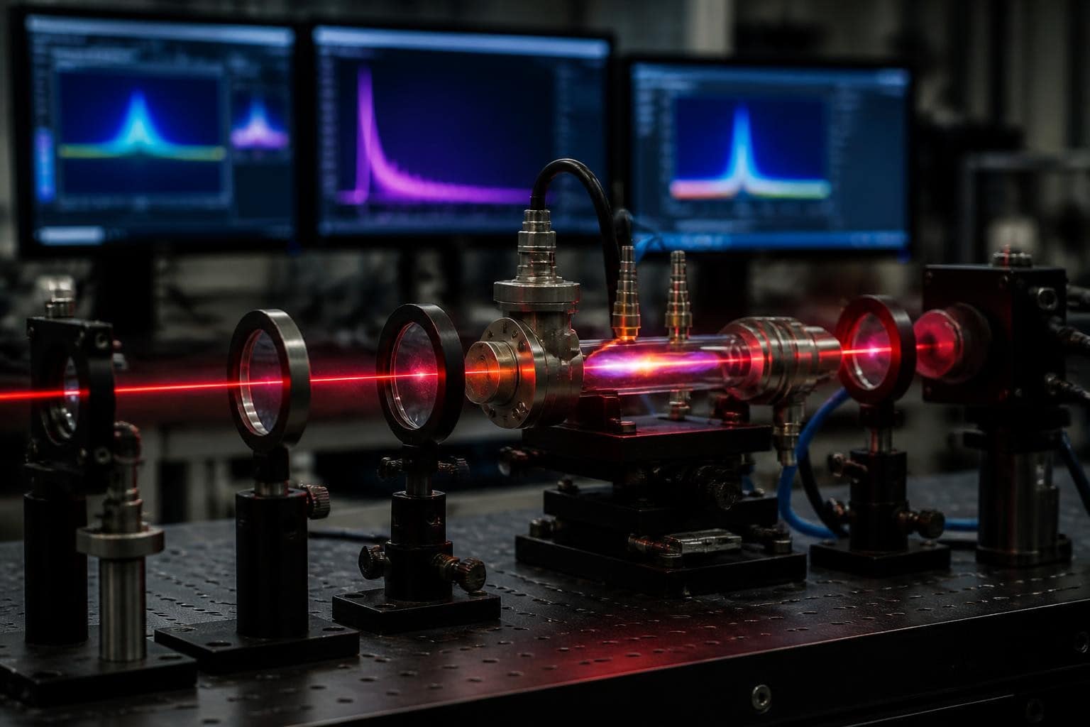 Impulso laser strutturato in un banco ottico con forme d'onda visualizzate sullo sfondo.