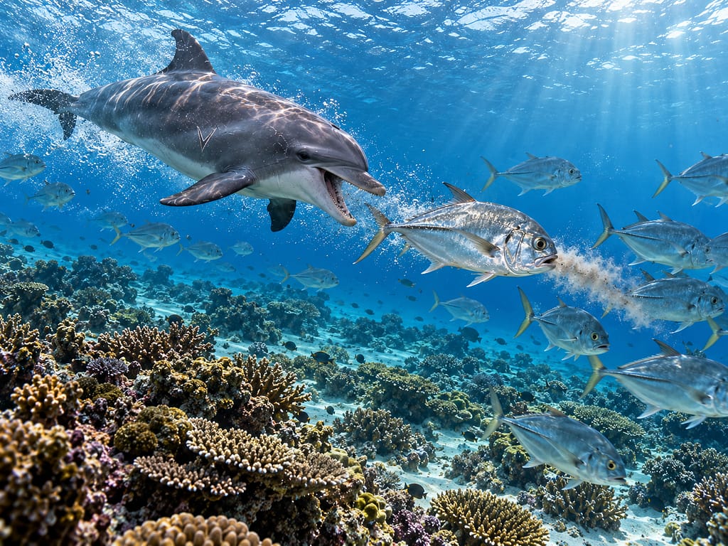 Tursiope che insegue un carangide sopra la barriera corallina