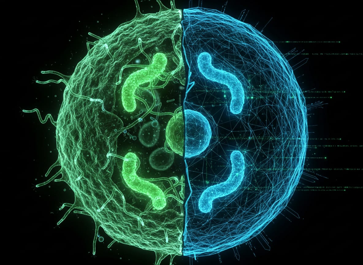 Cellula viva con rete mitocondriale affiancata dalla sua rappresentazione digitale.