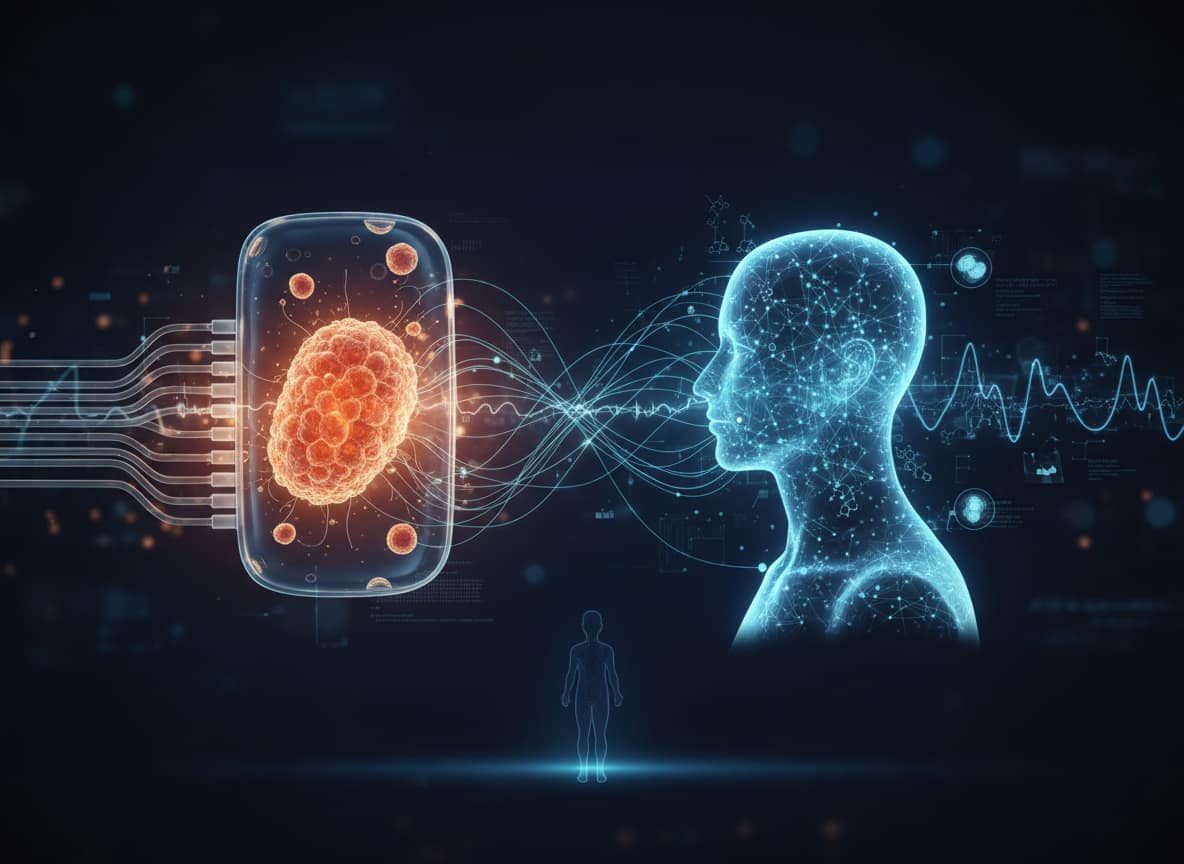 Organoide umano e gemello digitale rappresentati come due versioni complementari dello stesso paziente