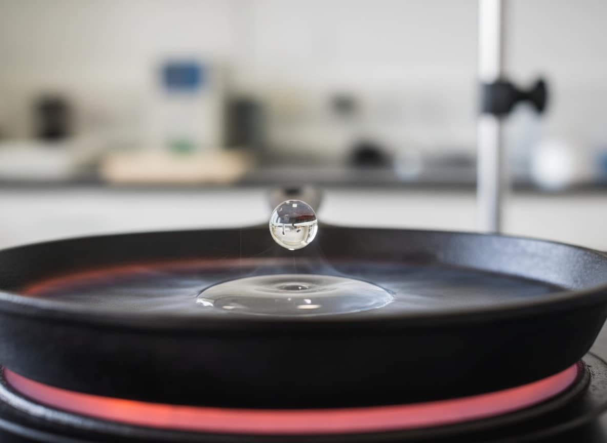 Goccia d’acqua levitante su una superficie rovente sopra un sottile cuscino di vapore.