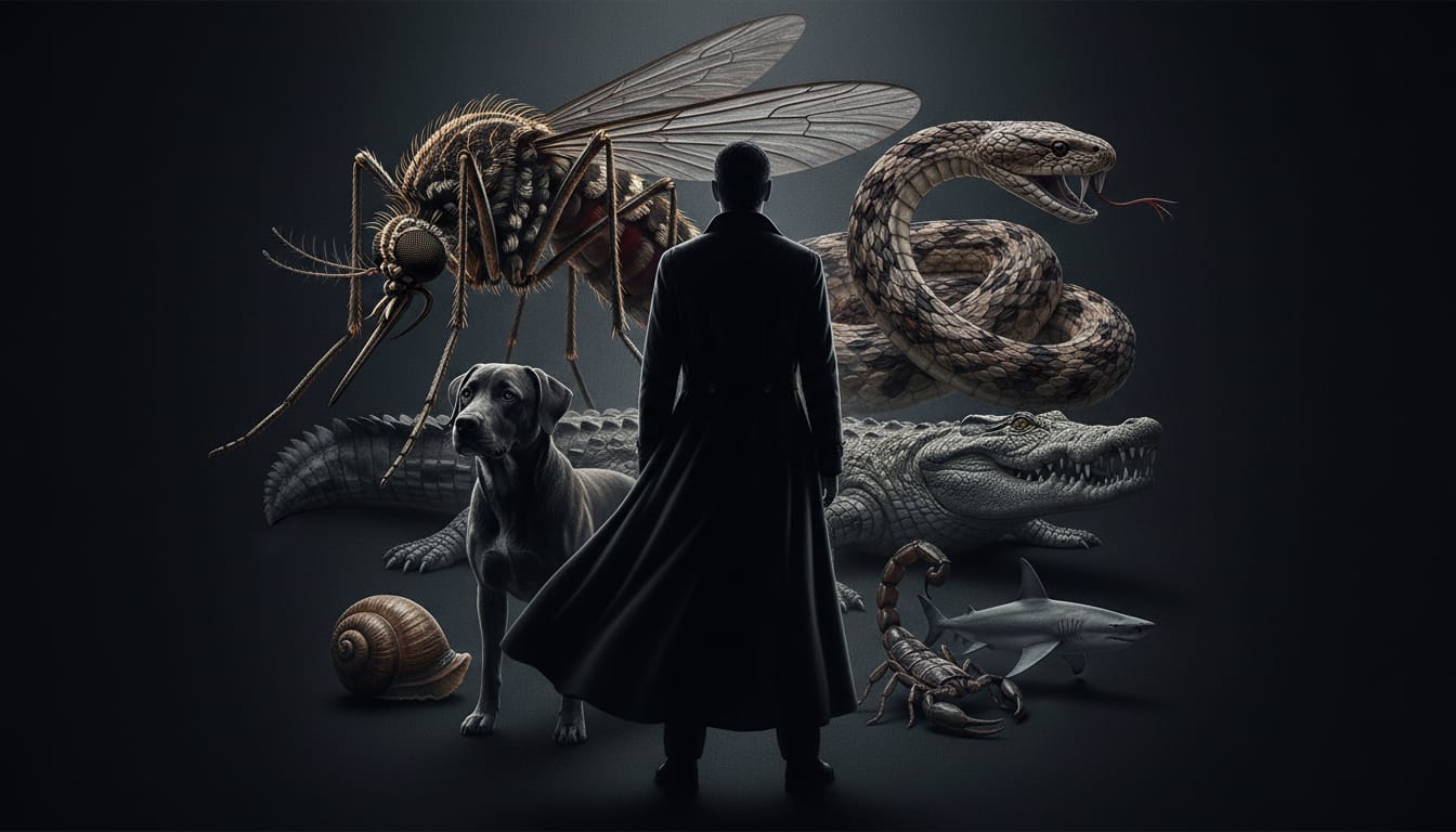 Composizione illustrata con una figura umana, una zanzara, un serpente, un cane e altri animali della classifica mondiale della mortalità.