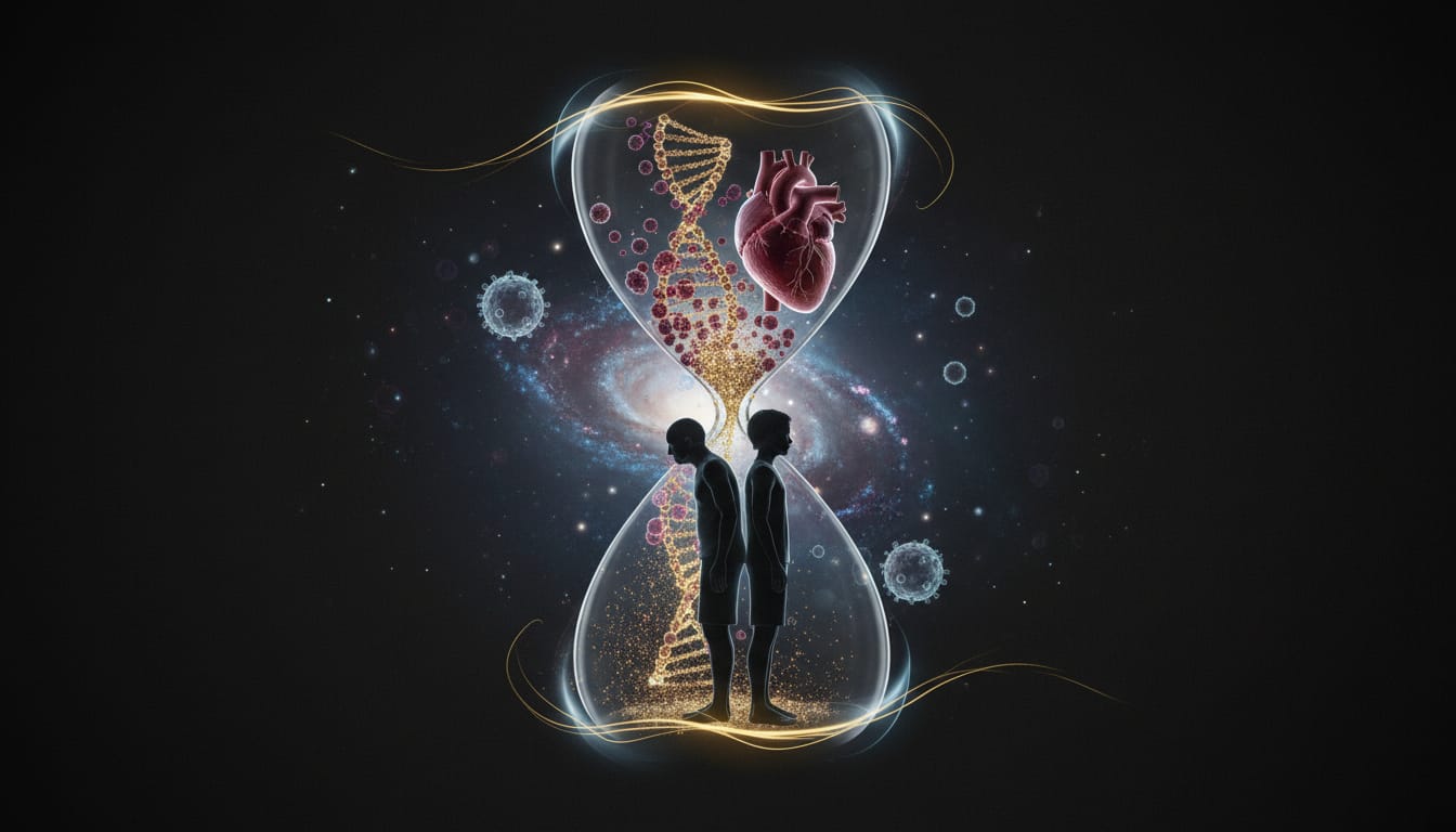 Una figura umana davanti a una clessidra simbolica, con una doppia elica di DNA, cellule e un cuore, sullo sfondo di uno spazio scuro.