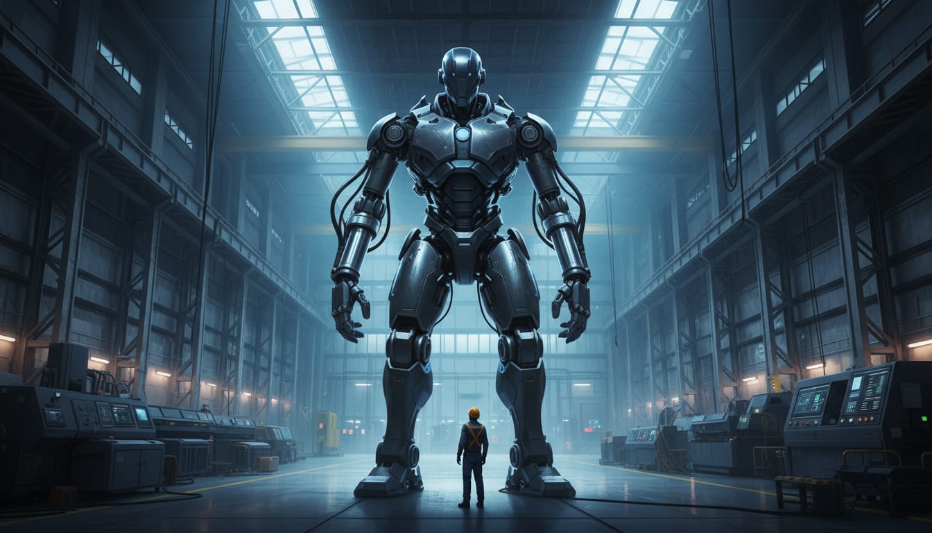 Illustrazione concettuale di un robot industriale umanoide alto quattro metri in un'officina, con tecnico per indicare le dimensioni; non è una fotografia di Neo1.