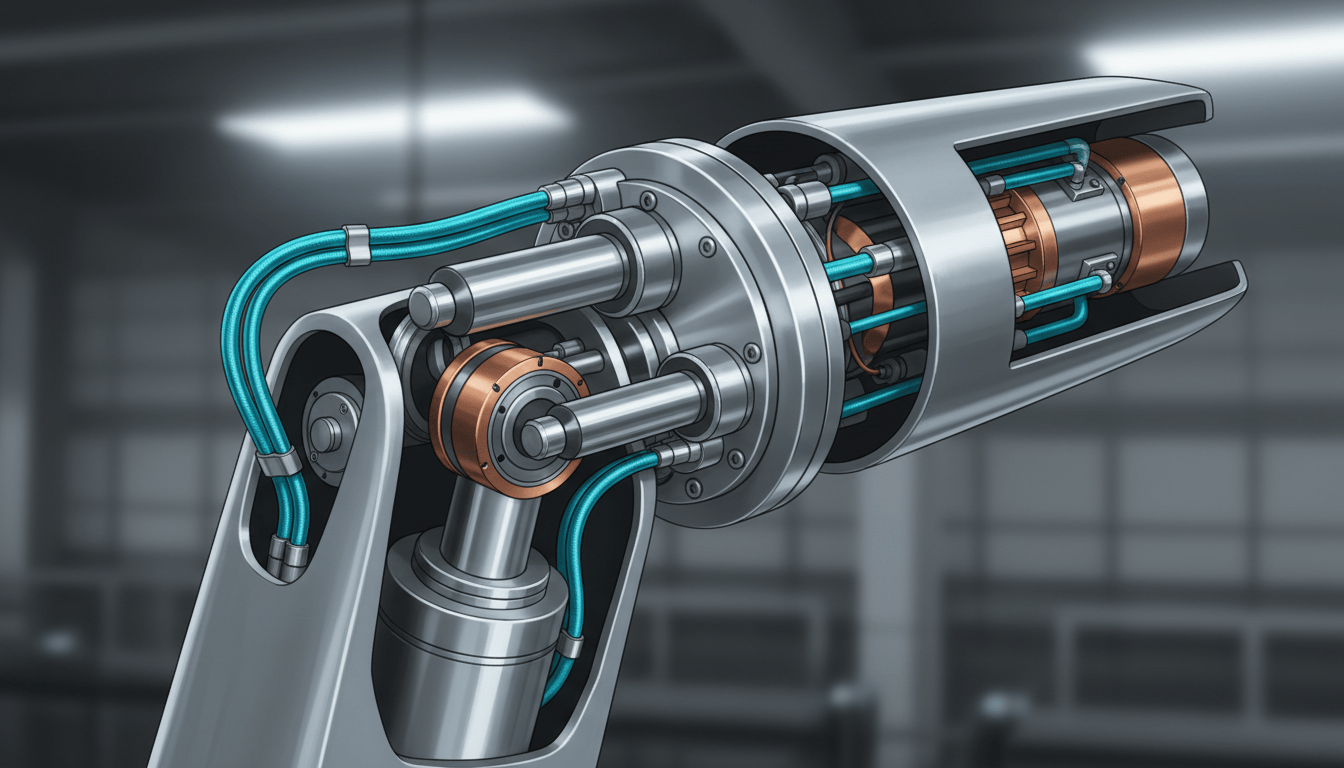 Illustrazione tecnica di un braccio robotico con pistoni idraulici e giunti elettrici: non è un disegno ufficiale di Neo1.
