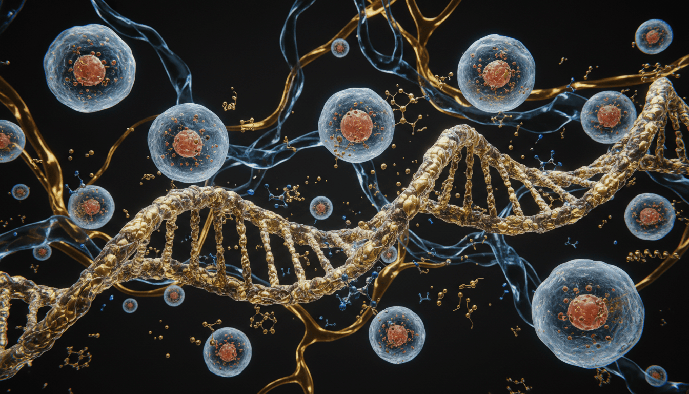 Illustrazione simbolica di cellule e strutture molecolari legate ai processi biologici dell'invecchiamento.