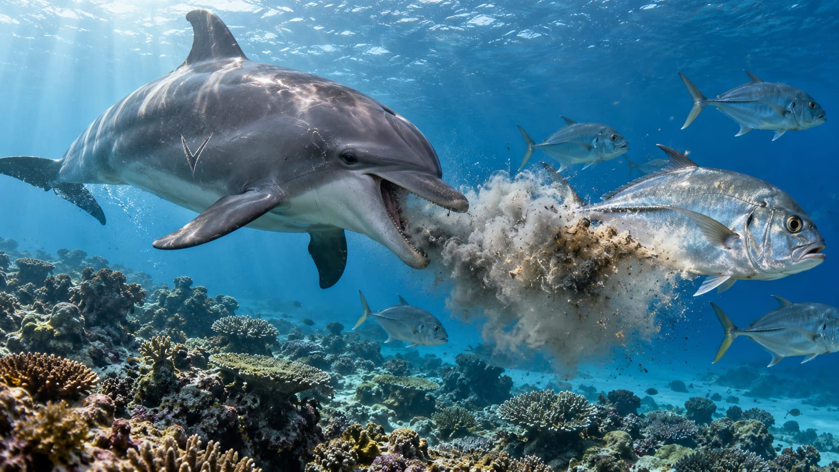 Mr Bubbles, tursiope comune, insegue un carangide sulla Grande Barriera Corallina