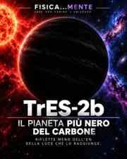 Illustrazione di TrES-2b, un esopianeta quasi completamente nero davanti a un cielo cosmico rosso e blu.