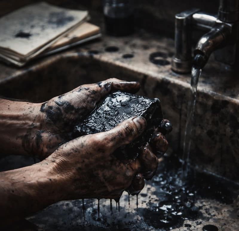 Mani sporche di inchiostro che si lavano in un lavandino con un sapone nero, simbolo della scrittura come forma di pulizia interiore e poesia contemporanea.